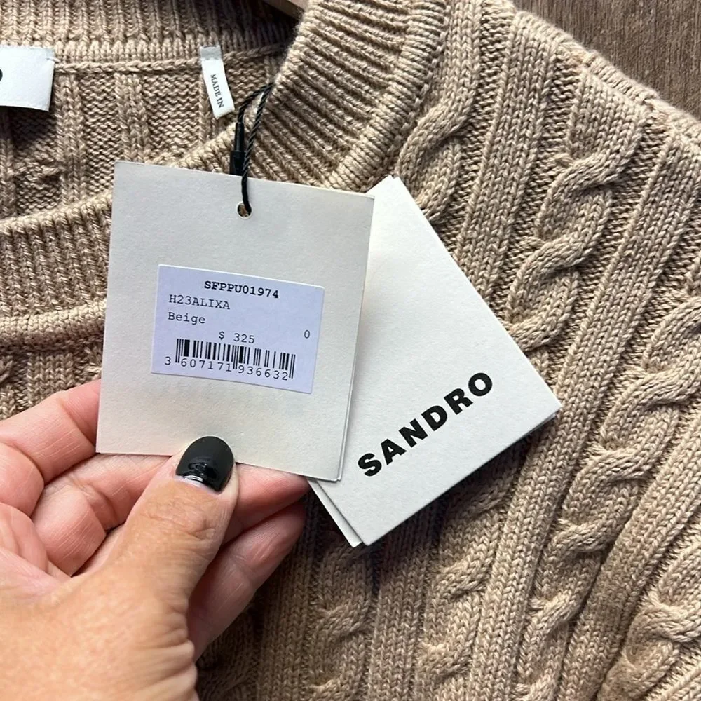 SANDRO- Cropped Cable-Knit Sweater in Beige